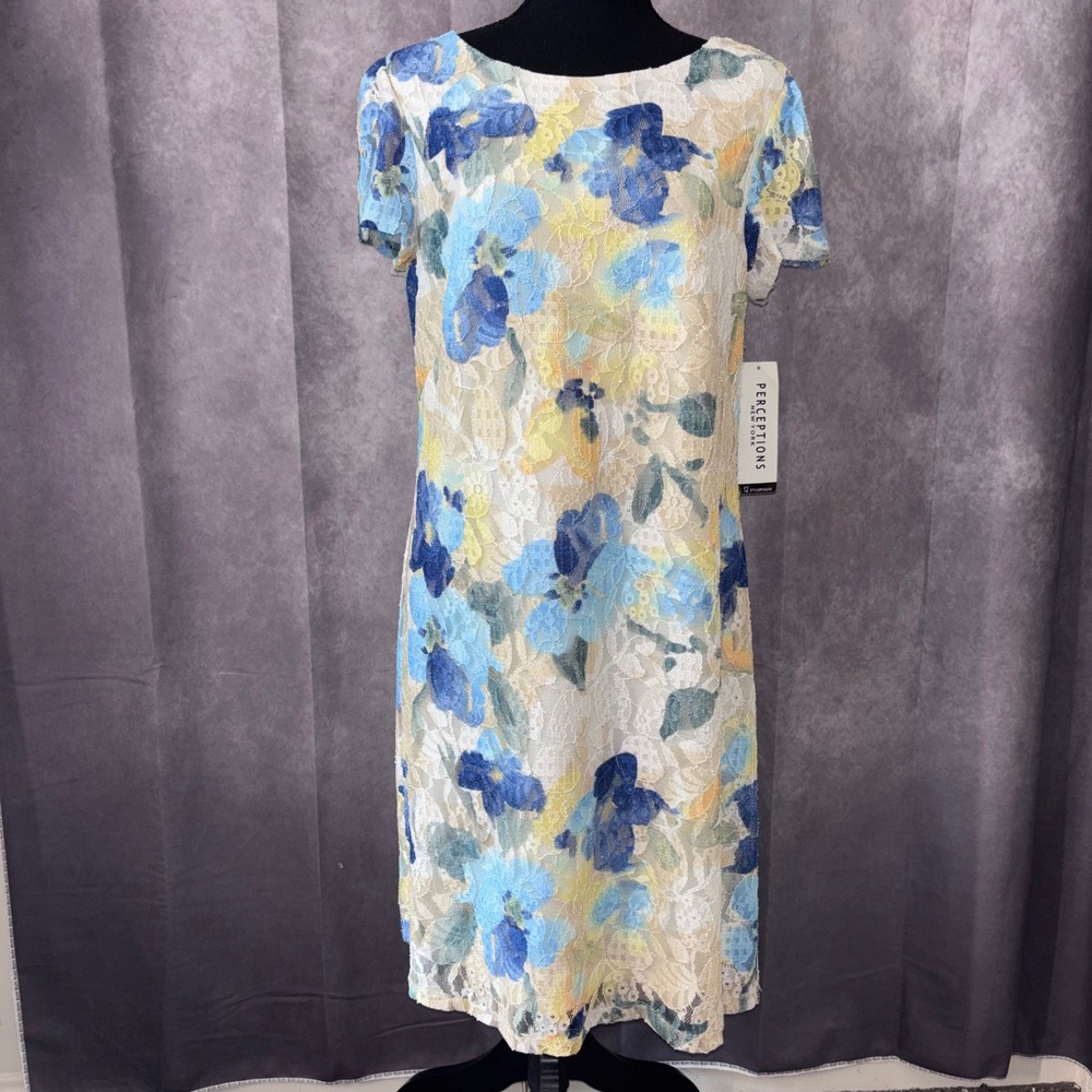 Perceptions Blue Cream Floral Lace NWT Women Size 12 Sheath Dress P244249